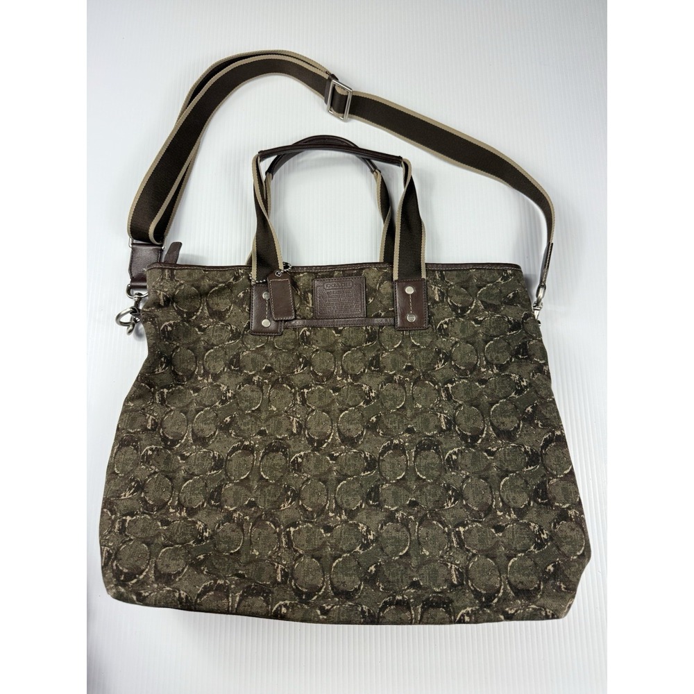 COACH Authentic Tote Bag Heritage Web Canvas Printed Web Print Olive khaki‎